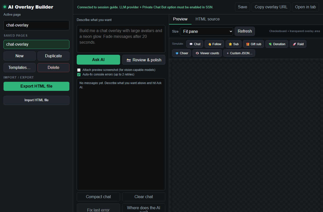 AI Overlay Builder page with prompt box, preview controls, event simulation buttons, save controls, and HTML source tab