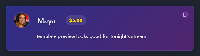 Sample Social Stream Ninja overlay preview showing a styled chat message