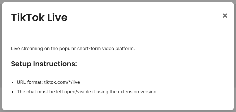 TikTok Live setup instructions modal from the Supported Sites page